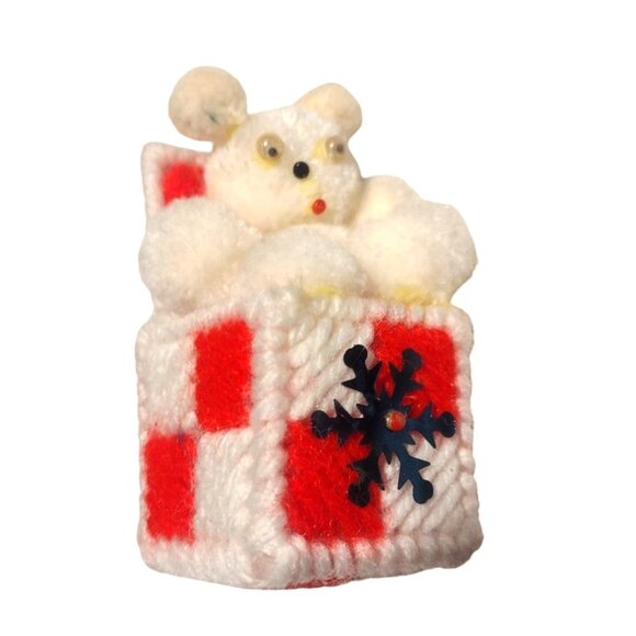 Vintage Handmade Red & White Checkered Teddy Bear Miniature Ornament Crochet 3" - Picture 1 of 6